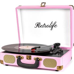 Vinyl Record Player 3-Speed Bluetooth Suitcase Portable Belt-Driven Record Player with Built-in Speakers RCA Line Out AUX in Headphone Jack Vintage Turntable Pink