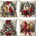 Cardinal Christmas Decorations Vintage Christmas Pillow Covers Xmas Farmhouse Throw Pillow Covers Joy Pilllowcases Home Sofa Living Room Decorative Cushion Case 18x18 Inch Set of 4