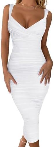 BEAGIMEG Women's Sexy Bodycon Sleeveless Ruched Mesh Club Party Midi Dress, XL