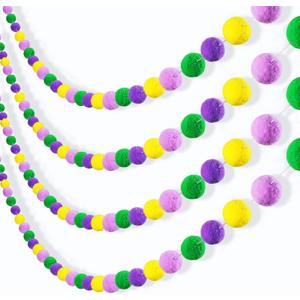 3 Pcs 19.8 Feet Mardi Gras Decorations Mardi Gras Pom Pom Balls Garland Carnival Purple Green Yellow Wool Felt Ball Banner Hanging Wall Decorations for Holiday Carnival Party Supplies Home Decor
