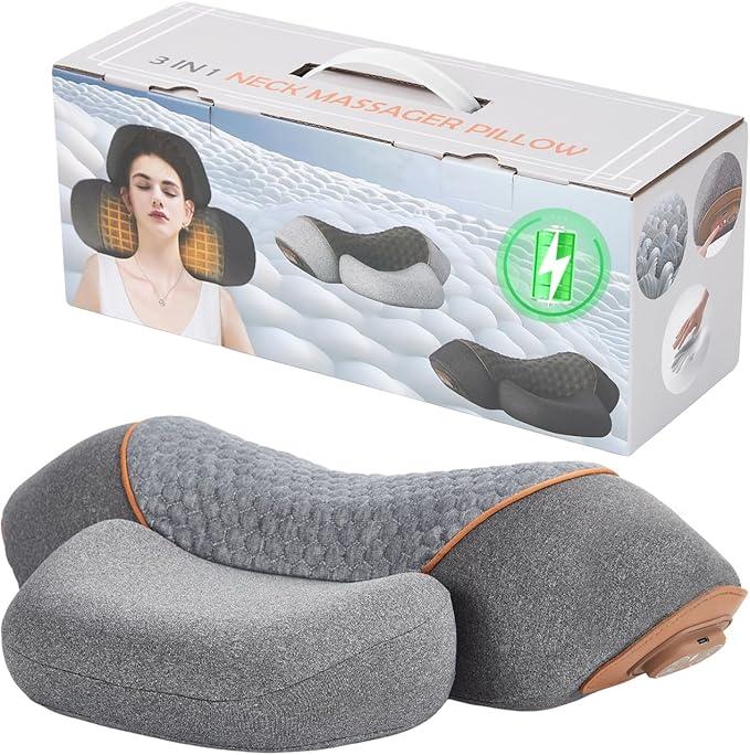 3in1 Neck Massager Pillow with Heating and Cervical Traction  Deep Tissue Massage for Pain Relief, Ergonomic Shoulder Massage Pillow, Neck Hump Corrector Ideal Gift for Women and Men Corded