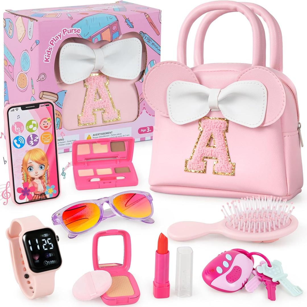 GKTZ Little Girl Purse, Pretend Makeup for Toddlers 3 4 5 6 Year Old Girls Birthday Gift, My First Purse Set Princess Toys Includes Kids Purse, Sunglasses, Phone, Wallet, Keys (Pink)