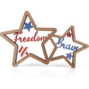 COCHIE 4th of July Decorations Patriotic Memorial Day Wooden Star Tiered Tray Decor, Freedom Sign, Brave Sign, Fourth of July Red Blue and White Decoration for Home Office Table Shelf (Siamese Stars)