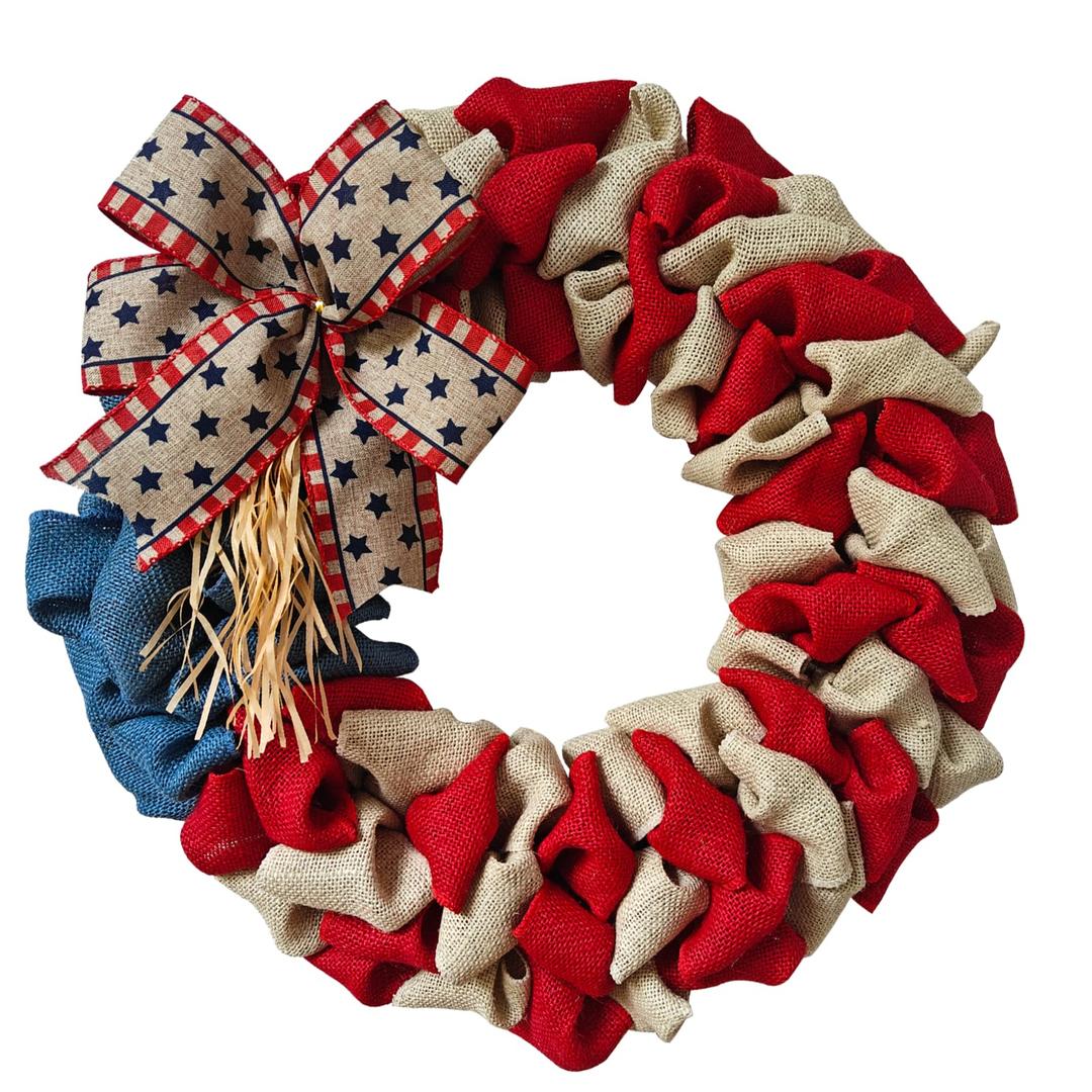 20 Inch 4th of July Wreath Patriotic Burlap Wreaths for Front Door Red Beige Blue Memorial Day American Flag Wreath with Bowknot 4th of July Decorations Outdoor