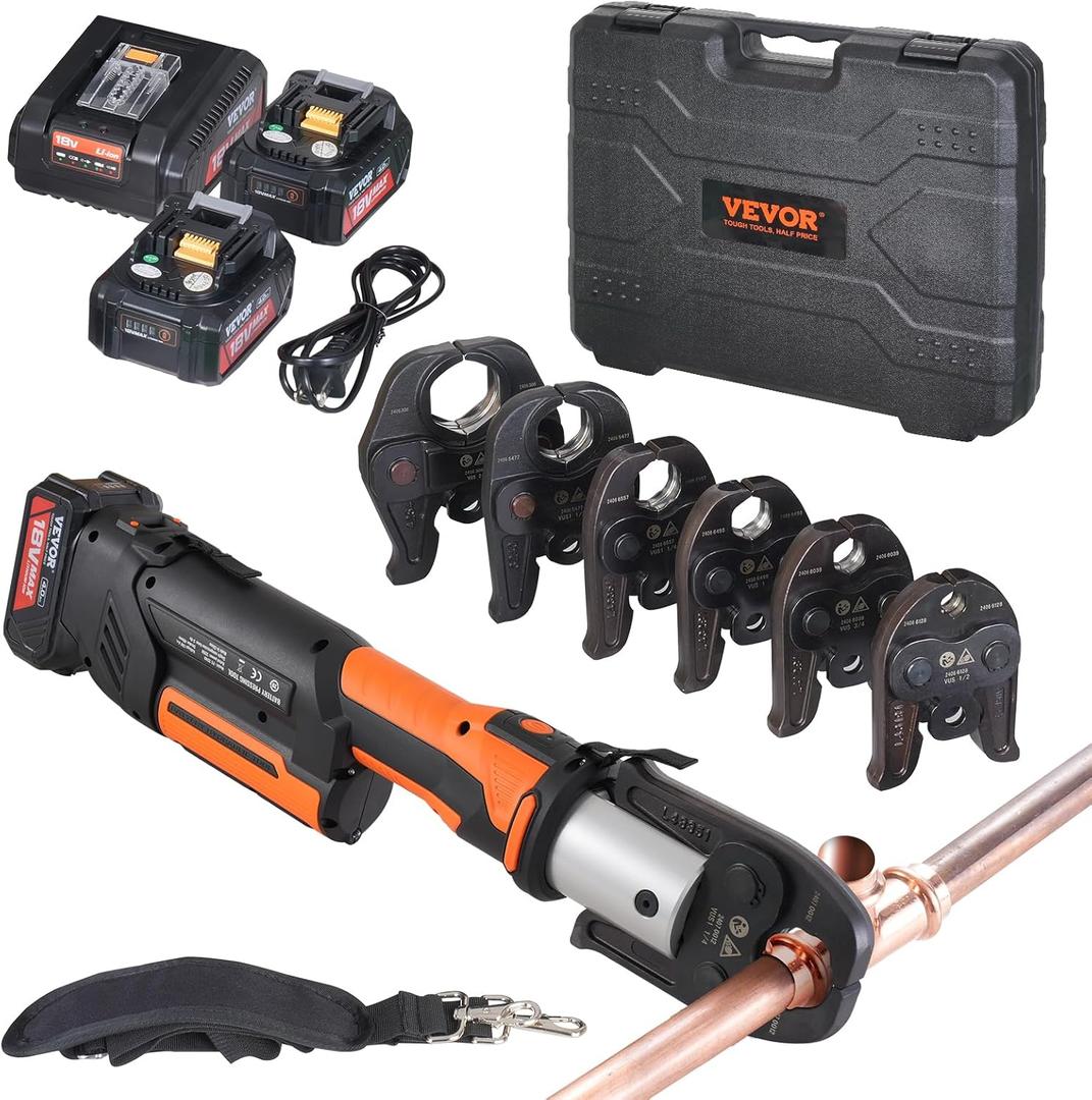 VEVOR ProPress Tool, 18V Electric Pipe Crimping Tool for 1/2, 3/4, 1, 1 1/4", 1 1/2", 2" Copper Pipes, Press Tool Kit with Brushless Motor, 6 Pro Press Jaws, 2pcs 4AH Battery