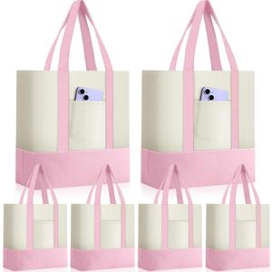Sanwuta 6 Pcs Canvas Tote Bags Bulk with Outer Pocket Small Sublimation Blank Canvas Tote Reusable Grocery Bag for Women, DIY Craft (Pink)