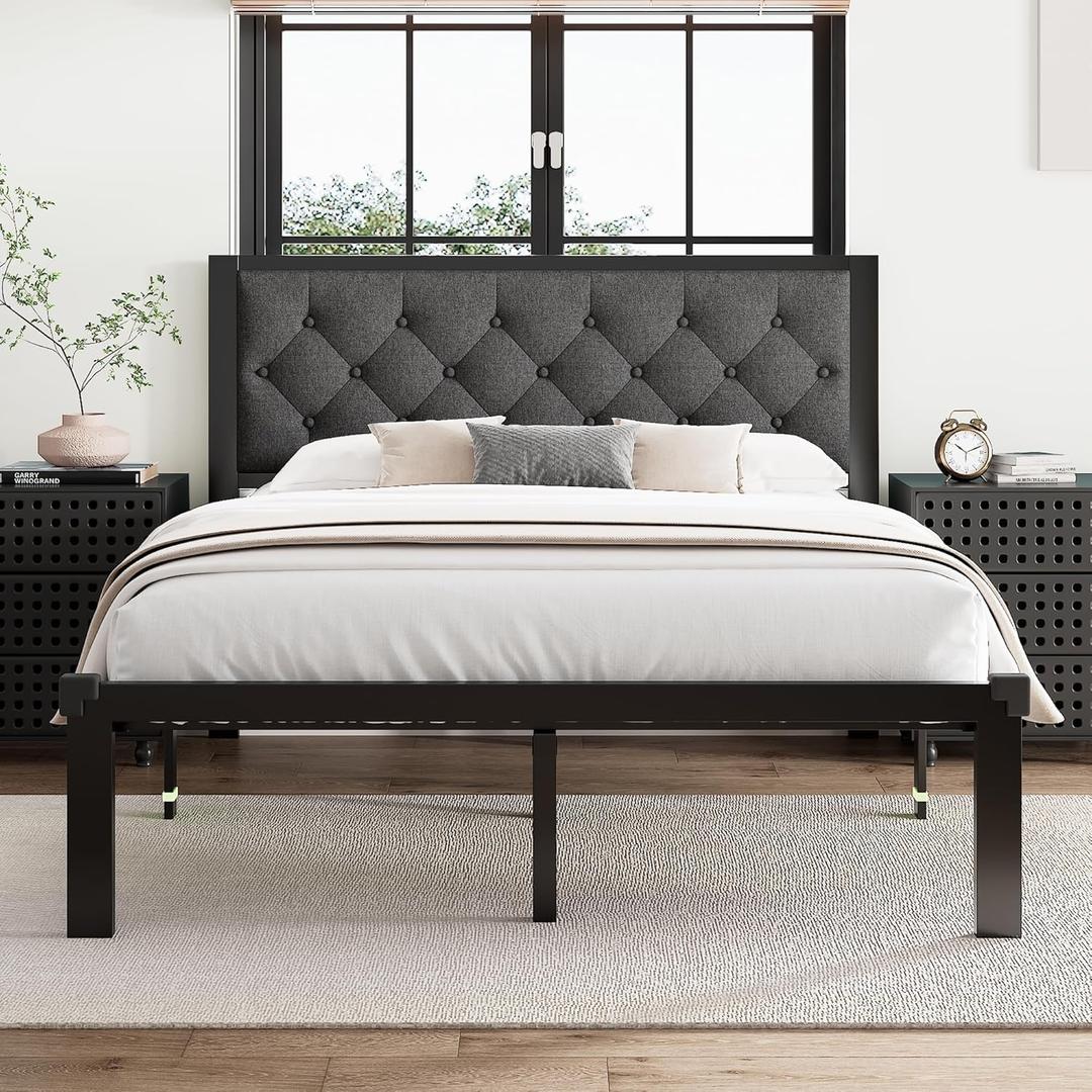 Full Size Bed Frame, Metal Platform Bed Frame with Button Tufted Linen Upholstered Headboard, Sturdy Steel Slats, 12" Underbed Storage, No Box Spring Needed, Dark Grey