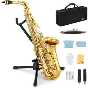 Eastar AS- Student Alto Saxophone E Flat Gold Lacquer Alto Beginner Sax Full Kit With Carrying Sax Case Mouthpiece Straps Reeds Stand (Golden)