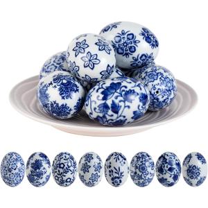 8 Pcs Blue and White Chinoiserie Easter Eggs Handpainted Ceramic Eggs for Easter Tree, Tiered Tray, Basket Filler & Farmhouse Spring Party Decor