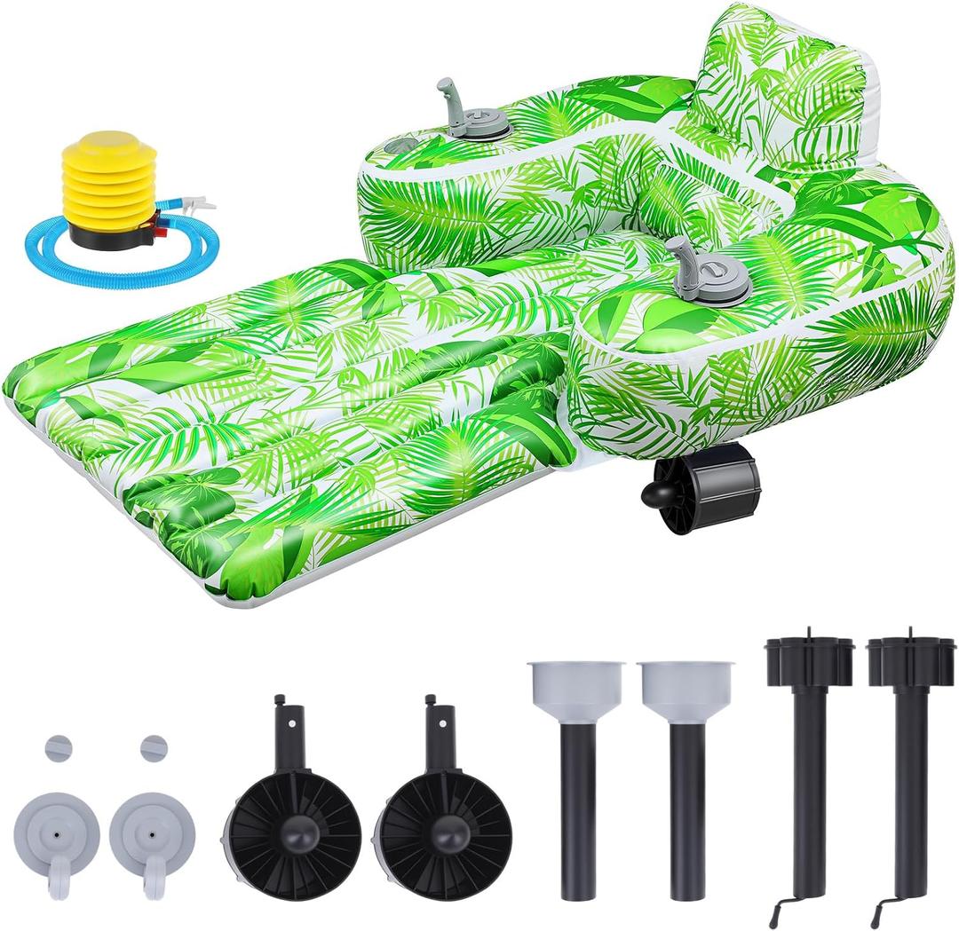 Motorized Pool Float for Adults, Inflatable Pool Lounger with Built in Dual Motor, Cup Holders, Backrest, Foot Pump for Lake, Beach, Summer Party, Leaves