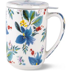AmorArc Porcelain Tea Mug with Infuser and Lids, 18 Oz Coffee Cup Strainer with Bag Holder for Loose Leaf Tea, Steeping Coffee Mug for House-warming Wedding Birthday Gift (Iris)