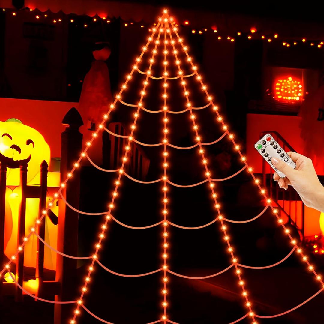 Spider Webs Halloween Decorations Lights,250 Orange LED Light Up,8 Modes 16.4Ft Giant Spiderweb with Remote Control,Halloween Decor for Yard Outside