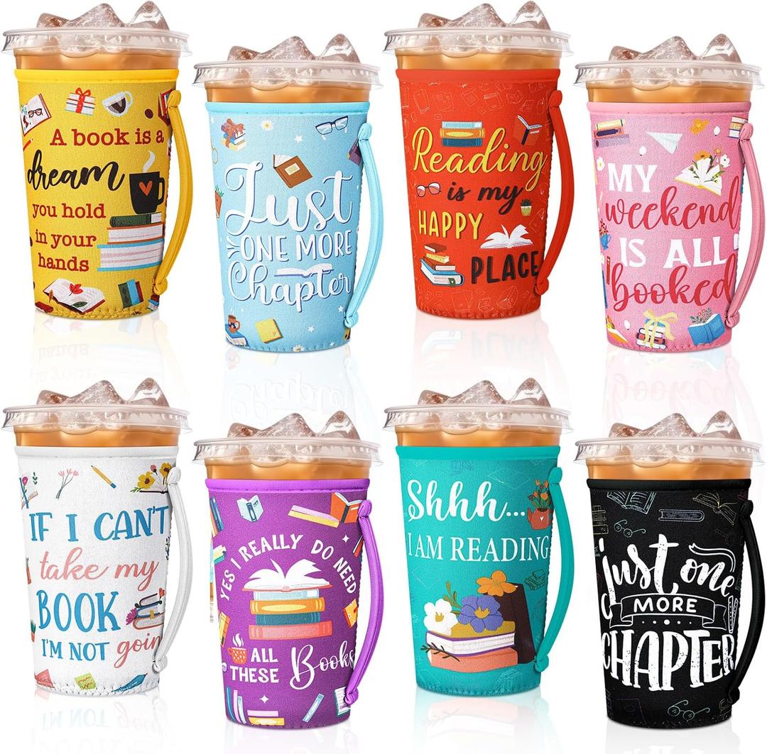 Meanplan 8 Pcs Book Club Gifts Bulk Book Lover Gifts Iced Coffee Sleeve for Iced & Hot Drinks Cold Beverage Cooler Compatible Coffee Accessories for Bookworm Teacher Librarian