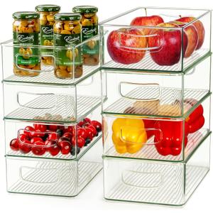 Hudgan 8 PACK Clear Plastic Storage Bins for Organizing, Straight Sides Stackable Organizer Bins for Kitchen & Pantry Organizers and Storage