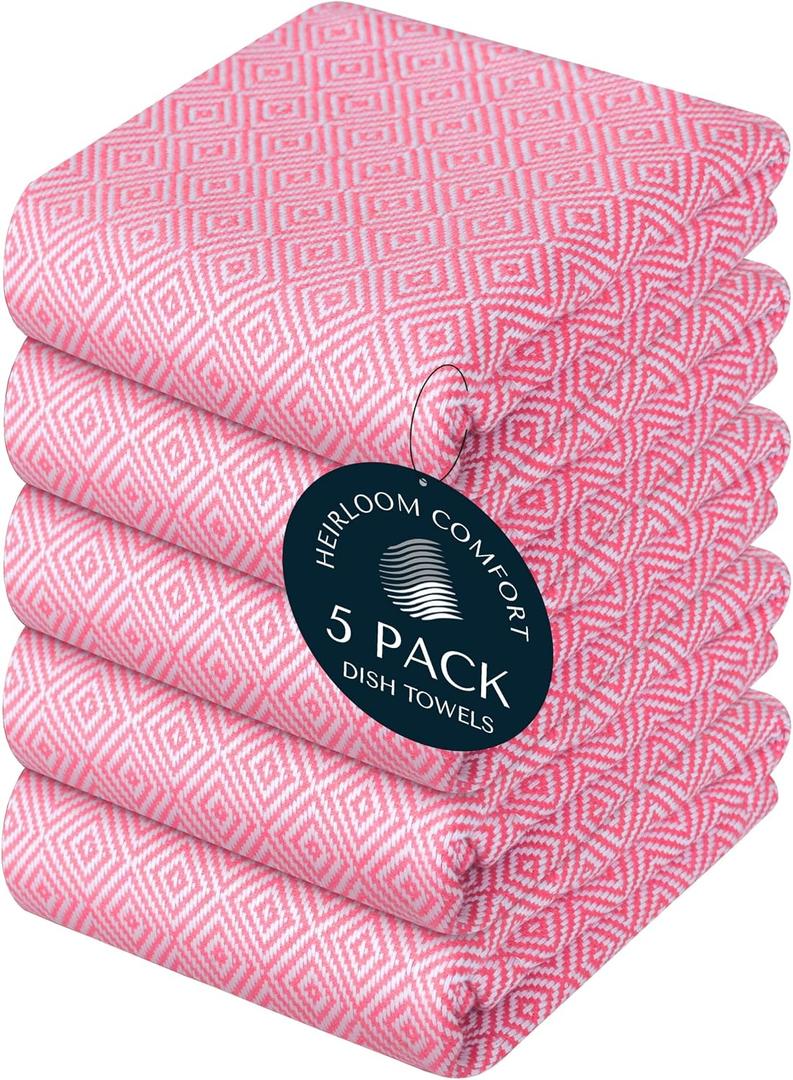 Pink Kitchen Towels 5 Pack, Ultra Absorbent, Diamond Weave Durable Towel Set, 100% Cotton, Reusable, Quick Dry Dish Towels for Cleaning Counters, Drying Dishes, Everyday Cleanup