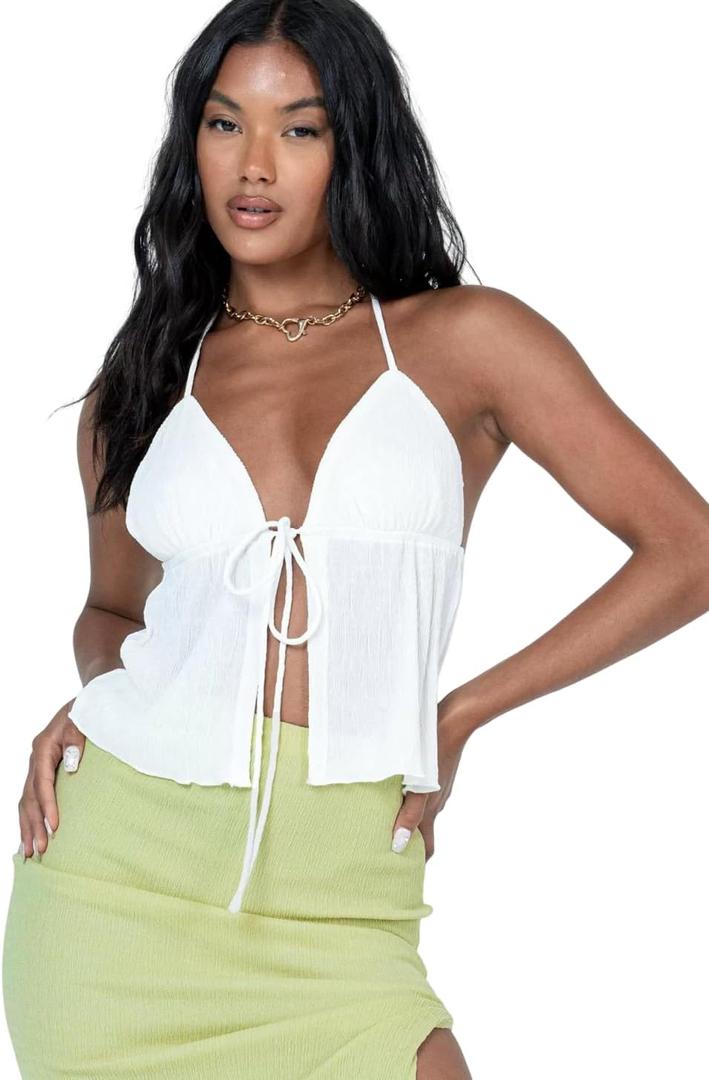 Women's Halter Neck Tie Front Crop Top - Deep V Neck Sleeveless Tank Top, Y2K Trendy Backless for Summer Party (US, Alpha, Medium, Regular, Regular, White) (White, M)