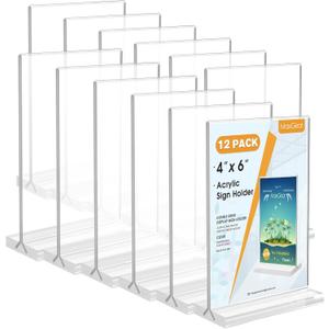 MaxGear 4x6 Acrylic Sign Holder 12 Pack, Double Sided Display Stand, Clear Paper Holder Picture Frame, Plastic Menu Stand Photo Frame for Stores, Restaurants, Hotels, Office