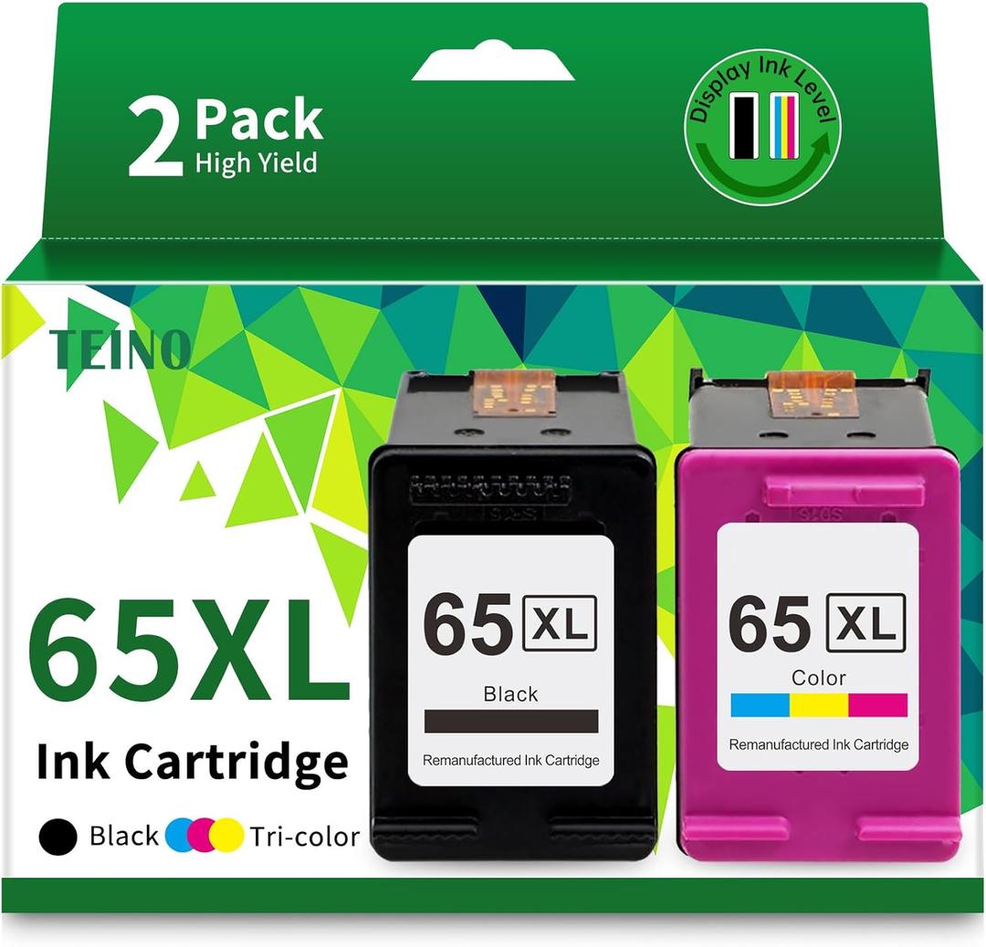 TEINO Remanufactured Ink Cartridge Replacement for HP 65 65XL 65 XL use with HP Envy 5055 5052 5058 Desk Jet 3755 2655 3752 3720 3722 3723 3758 2652 2622 2624 Printer (Black Tri Color, Combo Pack)