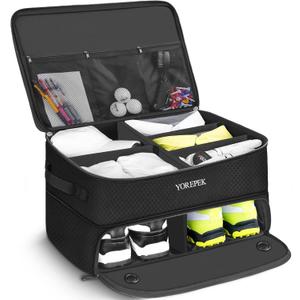 YOREPEK 2 Layer Golf Trunk Organizer, Golf Gifts for Men with Separate Ventilated Compartment for 2 Pair Shoes, Waterproof Car Trunk Locker for Balls, Tees, Clothes, Gloves, Gifts for Golfers (Standard-Black)