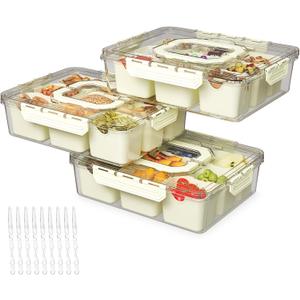 REBECAT Divided Serving Tray with Lid and Handles 9 Compartments Snack Box Container Charcuterie Organizer Snackle Box Container for Candy, Nuts，Fruits, Snacks, 3 Pack, Beige