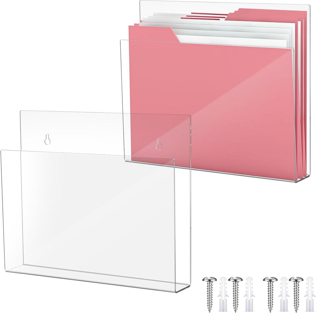 2 Pcs 12 Inch Acrylic Wall File Holder Tablet or Patient Chart Holder with Open Sides Medical Files Hanging Organizer for Wall Anchor Hardware for School Office Home (Square Style)