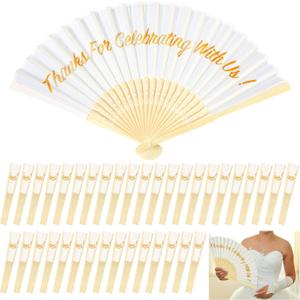 100 Pcs Wedding Fans for Guests Bulk Silk Chinese Wooden Folding Hand Fans Wedding Bridal Shower Favors White Vintage Thank You Gift for Bridesmaid, Friends, Family, Dancing Party Supplies
