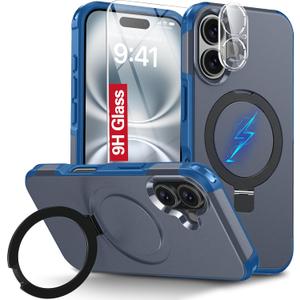 Oterkin Magnetic for iPhone 16 Case Compatible with MagSafe [Foldable Invisible Stand][Tempered Glass Screen Protector & HD Camera Lens Protector] 15FT Military Dropproof Phone Case (Blue)