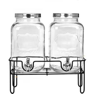 Superlele Glass Drinks Dispenser for Parties, 2 PACK 1 Gallon Beverage Dispenser with Stand for Juice and Iced Tea, Water Jug Dispenser for Lemonade, Party Essential Beverage Pitcher with Spout