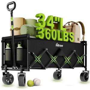 34" Extra Long Collapsible Wagon Cart, 360LBS Capacity, Black | Foldable Utility Cart with Wheels, Heavy-Duty, for Shopping/Grocery/Garden/Sports/Camping, 130L Storage, 600D Oxford (16.7"x25.5")