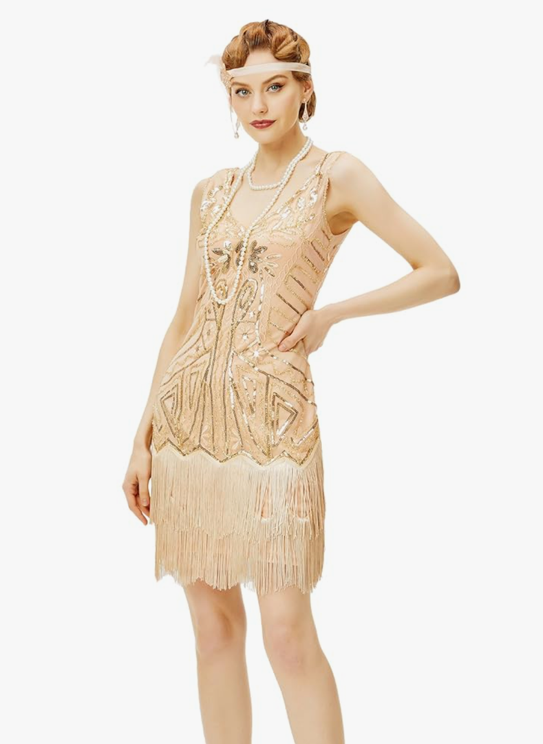 BABEYOND Women's Flapper Dresses 1920s V Neck Beaded Fringed Great Gatsby Dress 2XL
