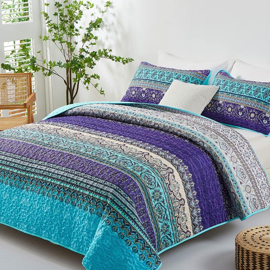 WONGS BEDDING Boho Queen Quilt Set, Blue Purple Bohemian Queen Quilt Bedding Set, Lightweight Microfiber Bed Decor Bedspread for All Season 96"x90"(3 Pieces)