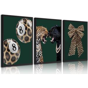 3pcs Trendy Leopard Canvas Wall Art Funky Lucky 8 Ball Posters Prints Paintings Cheetah Bows Preppy Aesthetic Pictures Wall Decor for Bedroom Dorm Living Bathroom Decoration Unframed