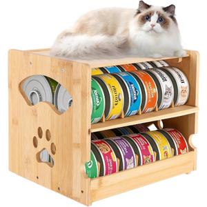 Wooden Cat Food Can Organizer, FIFO Can Storage Rack with Auto Rotation, Holds 36 Cans (3 oz), Two Tier Pet Food Holder, Space-saving Countertop Organizer for Pantry, Kitchen
