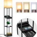 Shelf Floor Lamps for Living Room,Tall Standing Lamp with Shelves and Drawer,2 USB Charging Ports & 2 Power Outlet,Bright 3CCT LED Bulb Included - Black