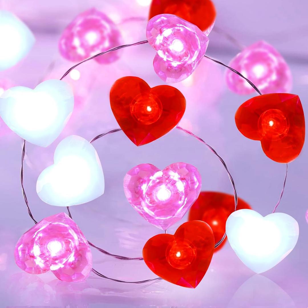 ZGWJ Valentines LED Fairy Lights, 1 Pack 50LED 16FT Red-White-Pink Heart String Lights Battery Operated,Waterproof Valentines Lights for Wedding Party,Mother's Day Indoor Outdoor Decoration