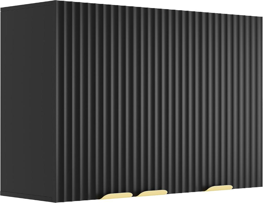 ChooChoo 3 Doors Wall Cabinet Laundry Room, Bathroom Wall Cabinet with Adjustable Shelf, Fluted Wall-Mounted Medicine Cabinet, Storage Cabinet for Kitchen, Garage, Black