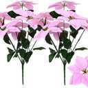 Rikyo 2- Bouquet Artificial Poinsettia Flowers 19 inch Silk Bushes Christmas Flowers Ornaments 7 Stem Heads Velvet Poinsettia Floral with Stem Leaf for Party Home Holiday Decor (Pink)