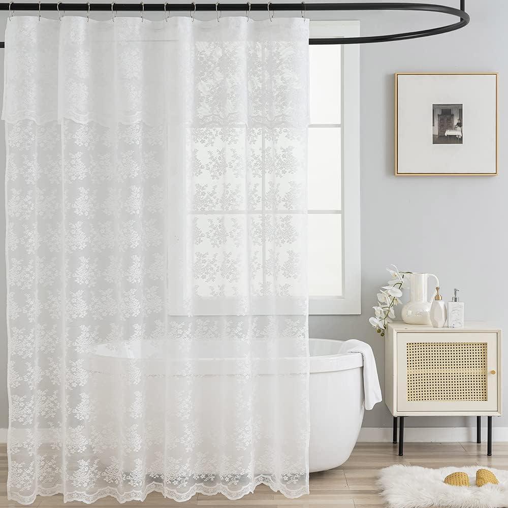 TUDECO White Lace Shower Curtain with Attach Valance, Elegant Floral Shower Curtain Lace for Bathroom Vintage Sheer Scalloped French Country Bathroom Decor 72 x 72 Inch, 1 Panel