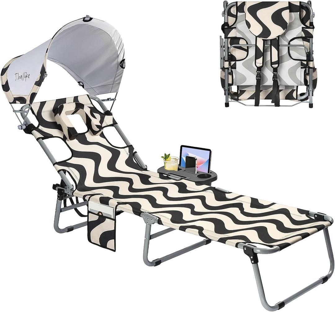 Tanning Chair with Face Hole for Adults, Outdoor Folding Lounge Chair with Canopy and Side Table for Phone Drink Tablet, 4 Position Adjustable Backrest, Lay Flat Chaise Lounger for Beach Patio Pool
