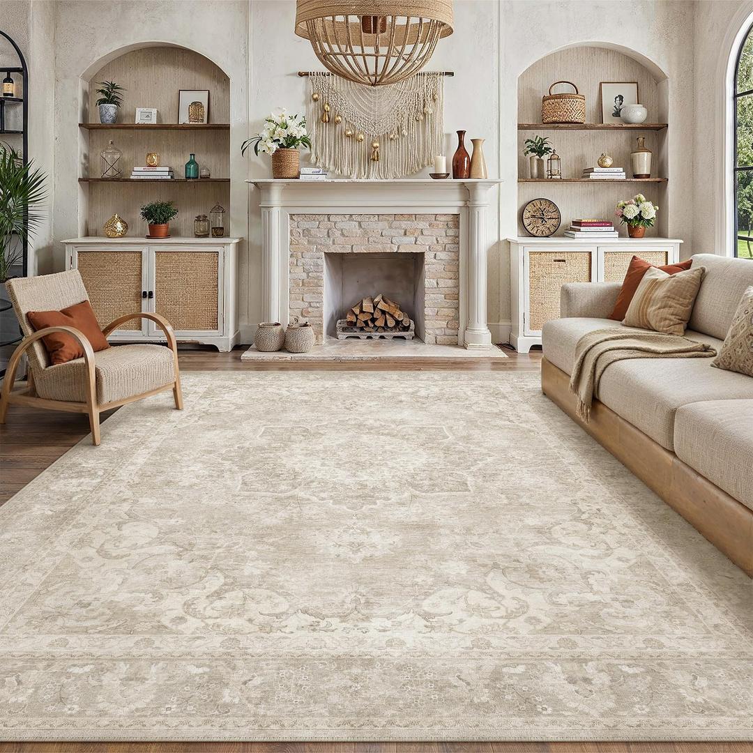 PureCozy Beige 9x12 Area Rug for Living Room Washable Vintage Large Carpet Non Slip Low Pile Indoor Bedroom Soft Retro Oriental Medallion Accent Throw Rug for Kitchen Dining Room Office