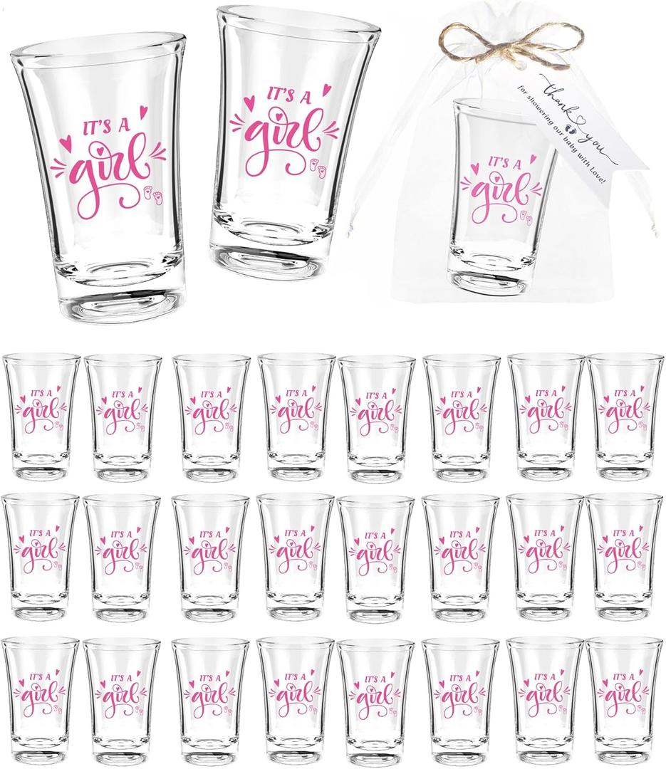 Baby Shower Favors 50 Sets for Guests  1.18oz Acrylic Shot Glasses Bulk with Organza Bags & Thank You Tags  Baby Shower Party Favor for Gender Reveal Party(Pink) (Girl)