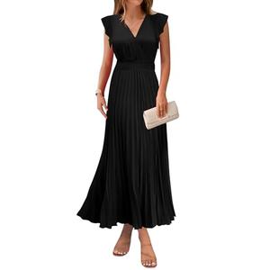 KIRUNDO Women’s Summer Maxi Dresses Elegant V Neck Ruffle Flutter Sleeves Empire Waist Pleated Flowy Wedding Guest Dress