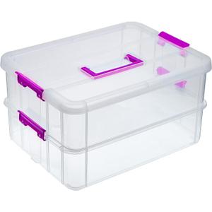 BTSKY 2 Layer Stack & Carry Box, Plastic Multipurpose Portable Storage Container Box Handled Organizer Storage Box for Organizing Stationery, Sewing, Art Craft, Jewelry and Beauty Supplies(Purple)