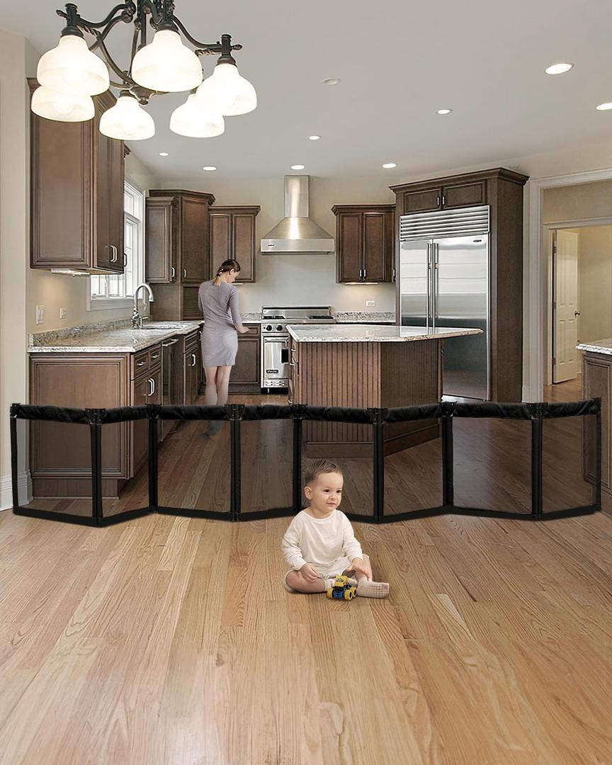 Extra Wide Baby Gate Playpen with Heat-Resistant Mesh,8 Panel Foldable Baby Fence,Indoor/Outdoor Safety Barrier,Dog Playpen & Fireplace Gate (220 Inch, Black)