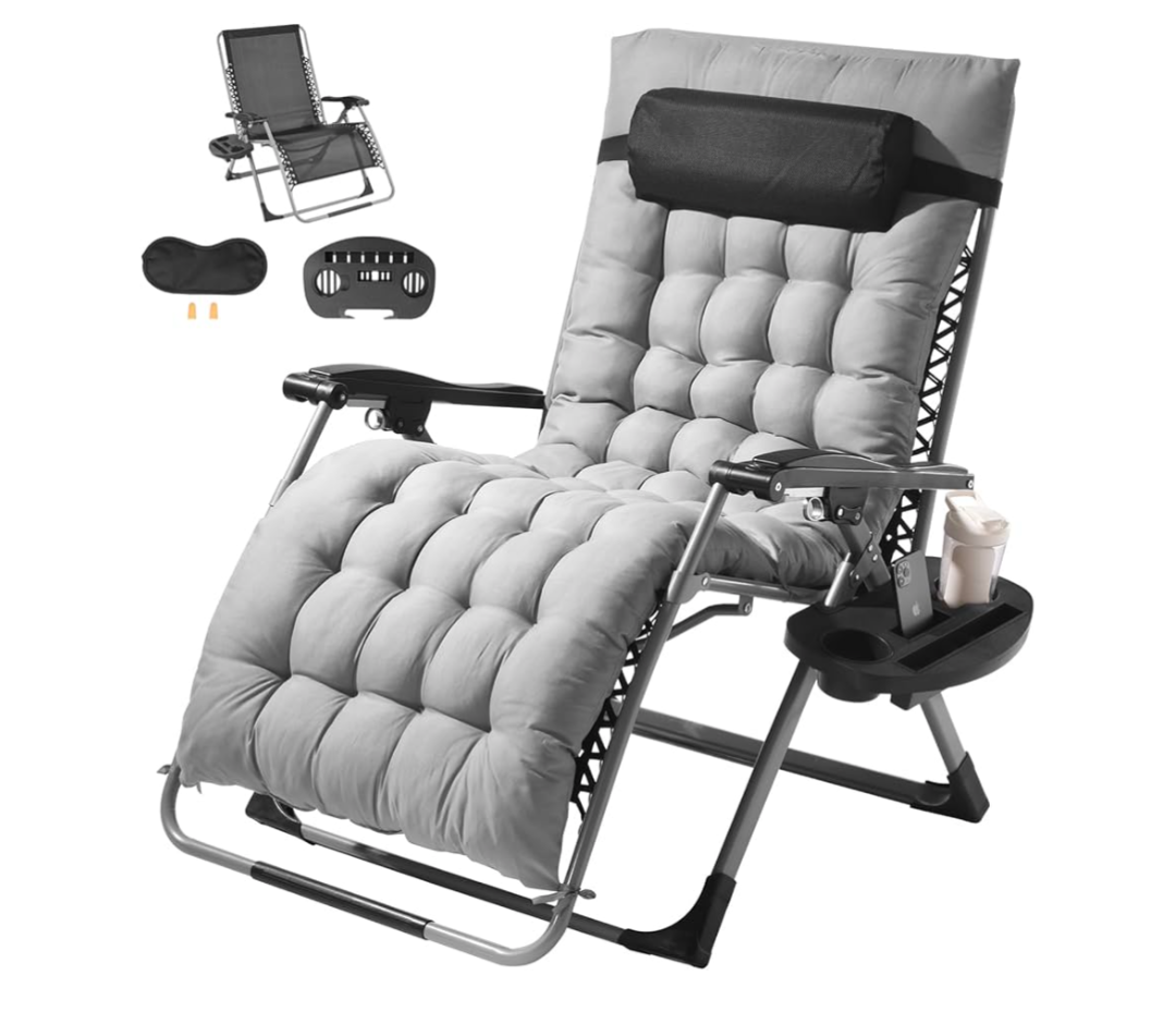 VEVOR Zero Gravity Chair, 33 inch Zero Gravity Recliner Lounge Chair for Indoor and Outdoor, Adjustable Anti Gravity Chair with Cushion, Headrest, Footrest, and Cupholder, 500 lbs, Gray