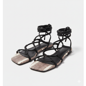 ZBY Lace Up Square Toe Flat Sandals Criss Cross Gladiator Snake Print (7.5, 1-snake Print)