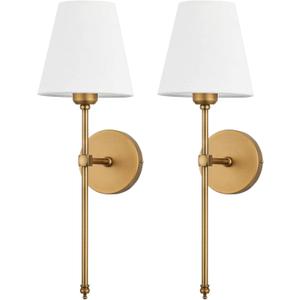 Bsmathom Wall Sconces Sets of 2, Hardwired Classic Brushed Brass Sconces Wall Lighting, Bathroom Vanity Light Fixture with Fabric Shade for Bedroom Living Room Hallway Kitchen, Gold