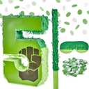Green Superhero Birthday Pinata for Kids, 16 Inch Number 5 Piata with Stick, Blindfold and Confetti for Boys and Girls (hlk-5th)