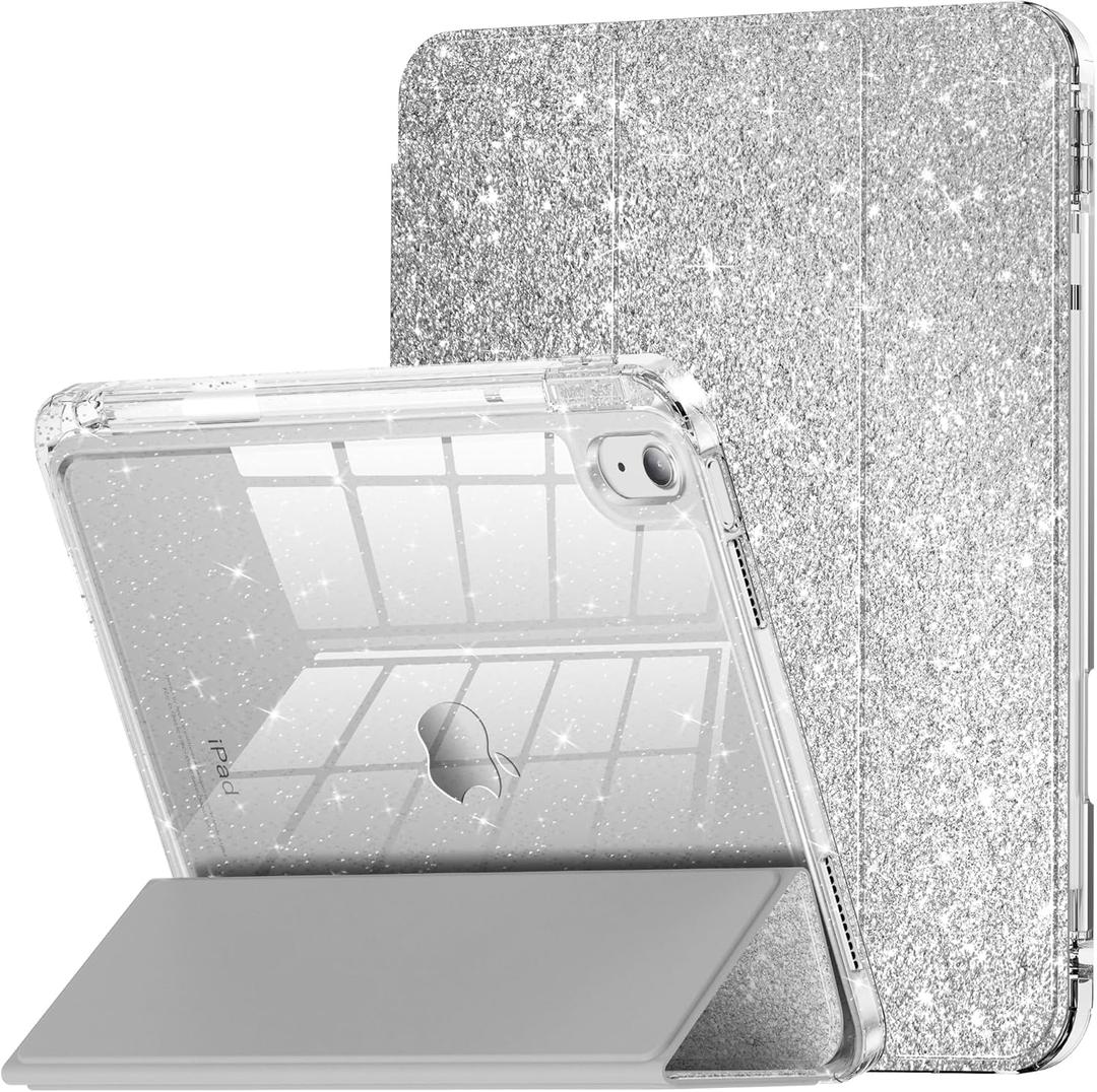 INFILAND Compatible with iPad A16 11th Generation 11 Inch 2025 Case, iPad Case 10th Generation 10.9 Inch, Glitter Cover with Sparkly Clear Back, Pencil Holder, for Kids Girls, Silver (Sliver)