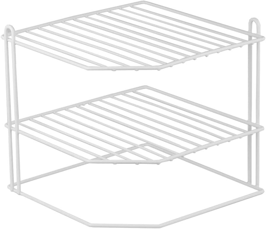 Home Basics Corner Rack, White, Vinyl Coated Steel, Rust Resistant, 2-Tier Shelf, Keeps Spices and Cups Organized, 9x9x8.5in